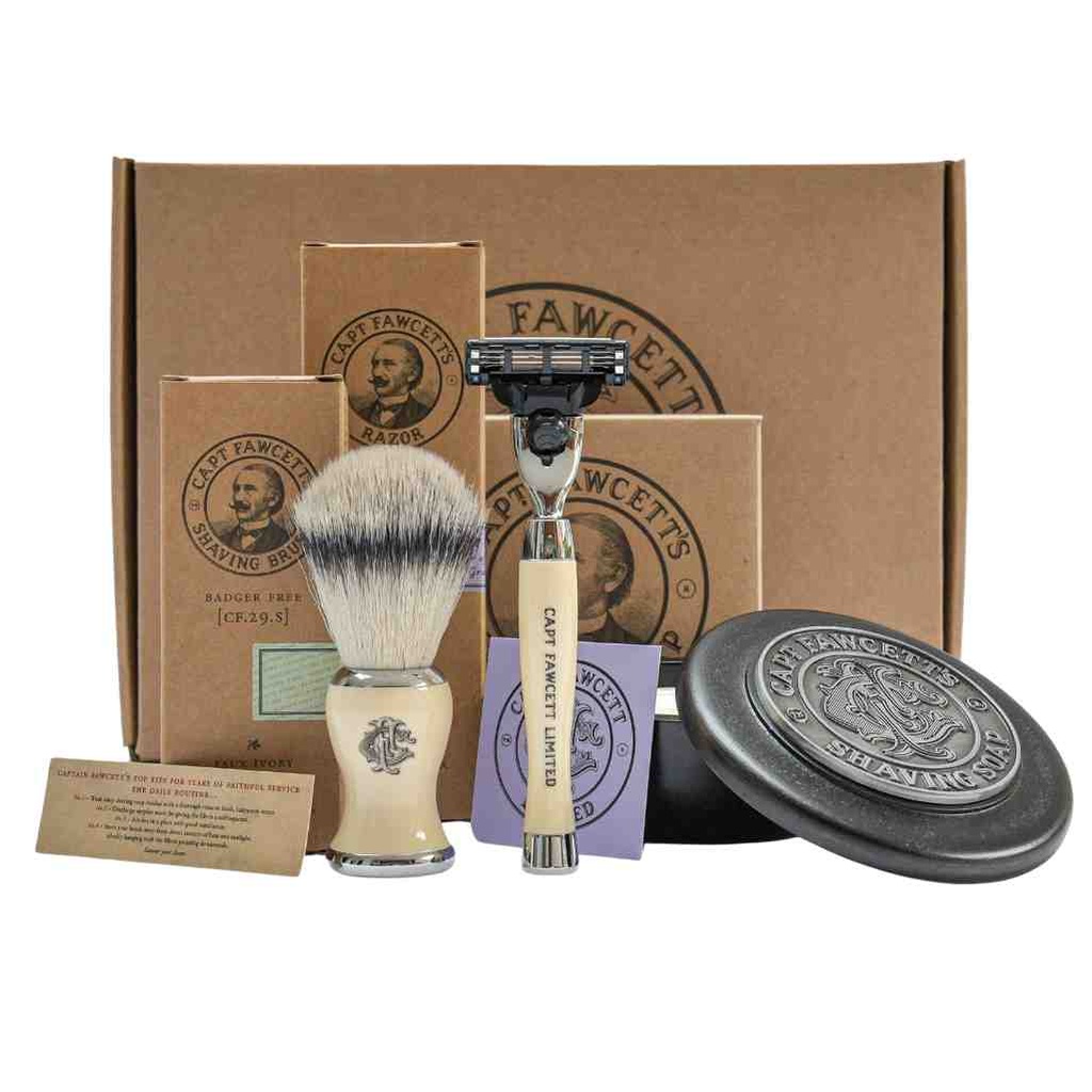 CAPTAIN FAWCETT Faux Badger Shaving Brush, Finest Hand Crafted Safety Razor and Luxurious Shaving Soap Gift Set            