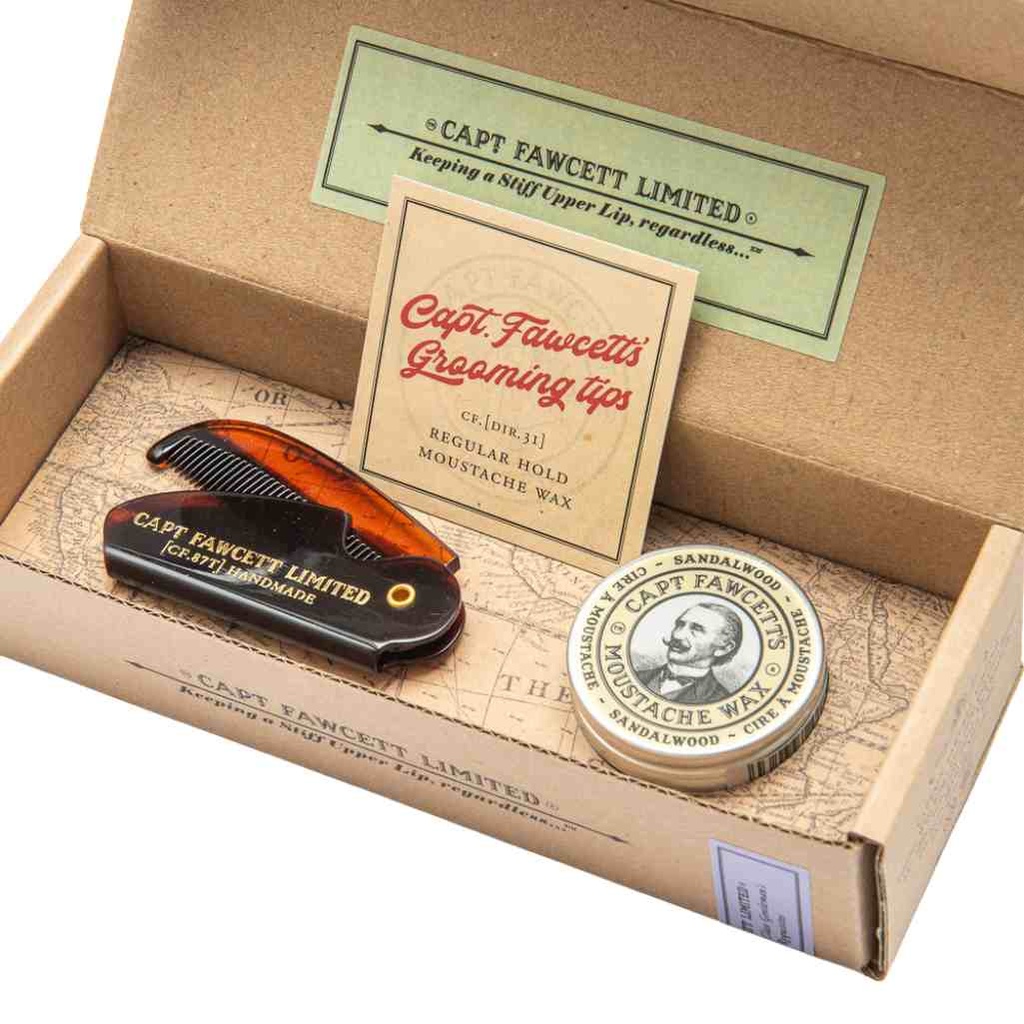 CAPTAIN FAWCETT Moustache Wax & Folding Pocket Moustache Comb - Sandalwood