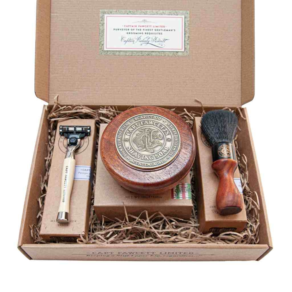 [9024432S] CAPTAIN FAWCETT Scapicchio Rasierseife, Rasierpinsel und Rasiermesser Geschenkset