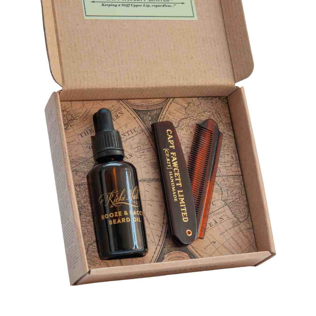 CAPTAIN FAWCETT Coffret cadeau - Huile à Barbe & Peigne de Poche Pliable Booze & Baccy