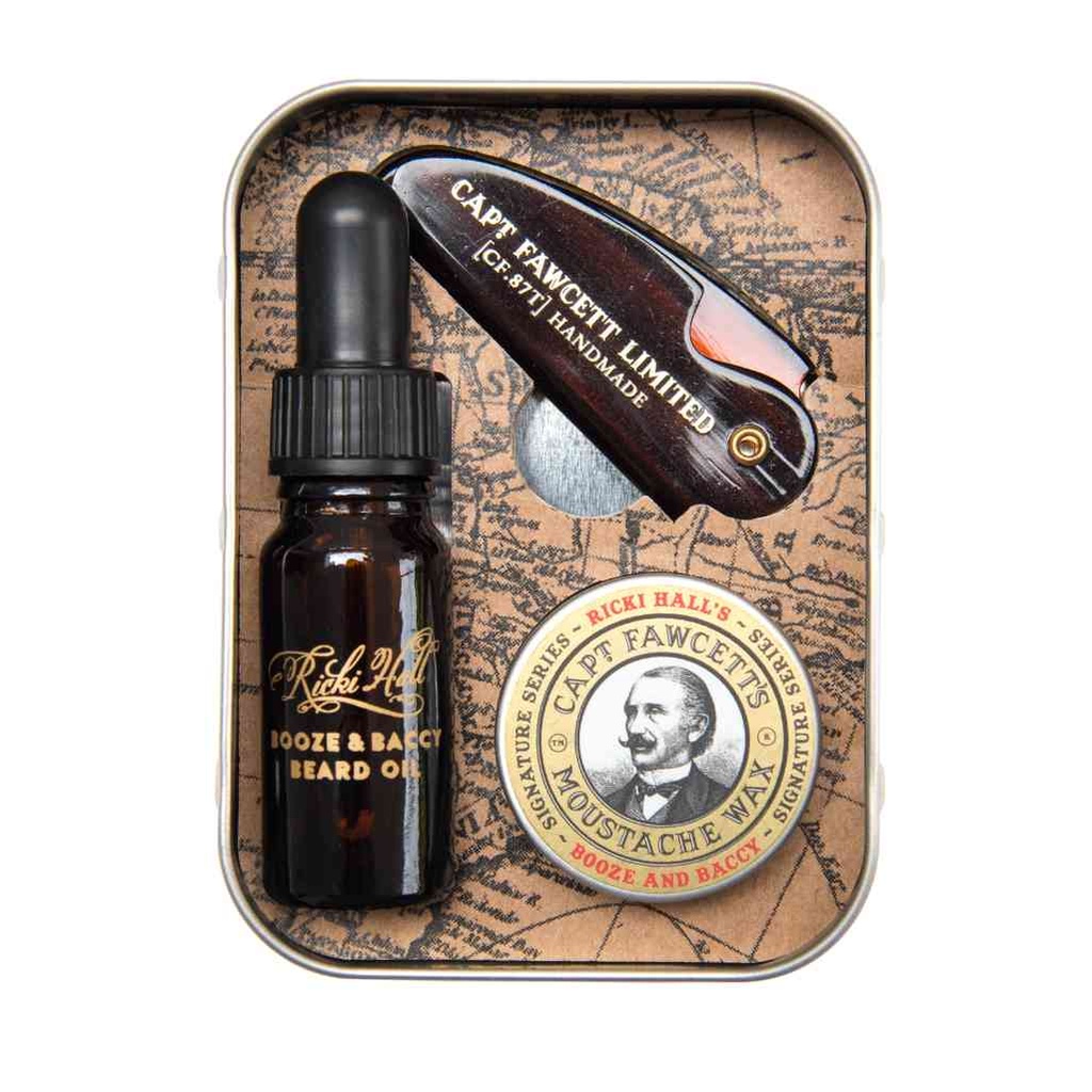 CAPTAIN FAWCETT Kit de survie - Ricki Hall : Huile à Barbe 10ml, Cire à Moustache 15ml, Peigne à Moustache