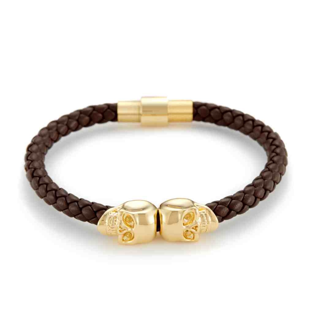 NORTHSKULL Bracelet Brown Nappa & Gold - Crâne jumeau