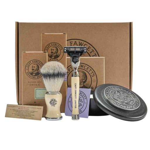 [CFA-6707] CAPTAIN FAWCETT Coffret cadeau avec blaireau, rasoir de sûreté artisanal et savon à raser luxueux