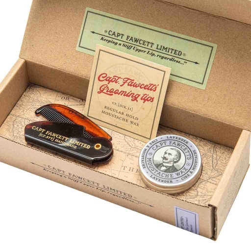 [90222MMCS] CAPTAIN FAWCETT Moustache Wax & Folding Pocket Moustache Comb - Lavender